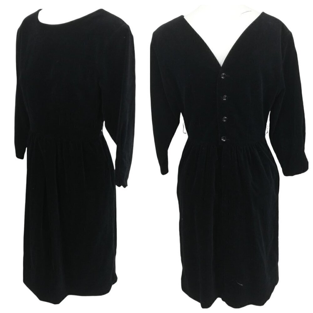 Vintage Petite Lanz Black Velvet Button Back Midi Modest Dress Size 10 Orchestra